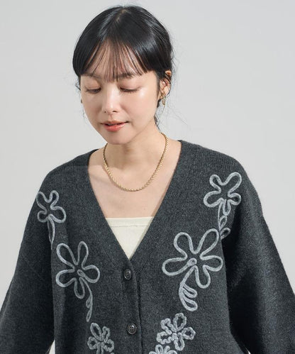 拼色 線繡花卉圖案針織開衫