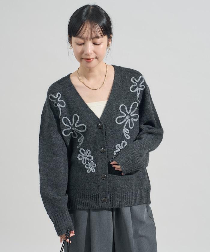 拼色 線繡花卉圖案針織開衫