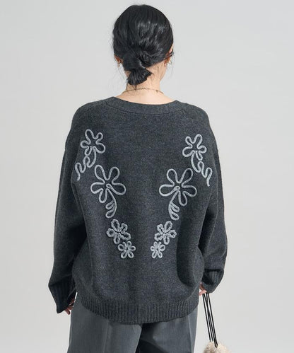 拼色 線繡花卉圖案針織開衫