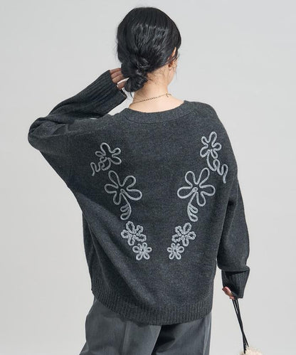 拼色 線繡花卉圖案針織開衫