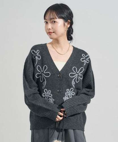 拼色 線繡花卉圖案針織開衫
