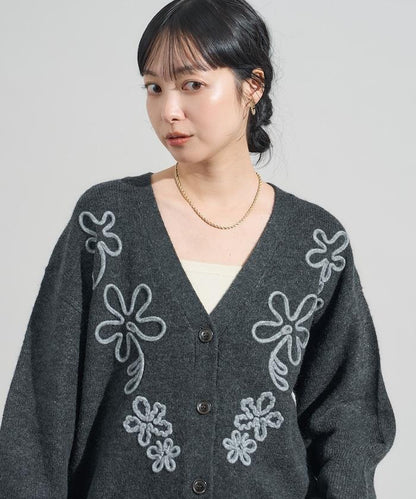 拼色 線繡花卉圖案針織開衫