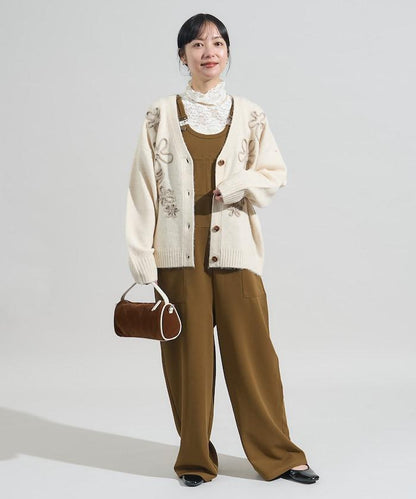 拼色 線繡花卉圖案針織開衫