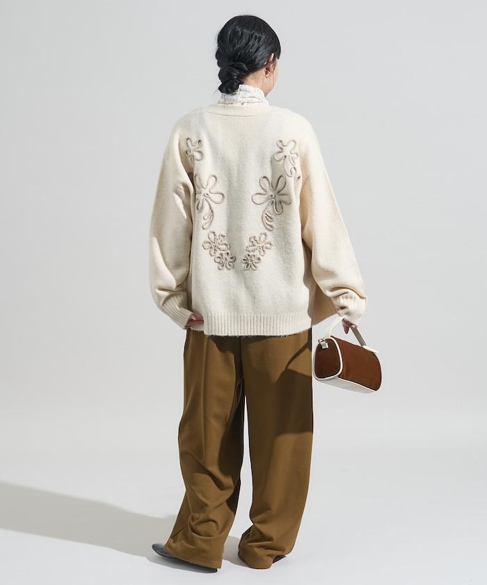 拼色 線繡花卉圖案針織開衫