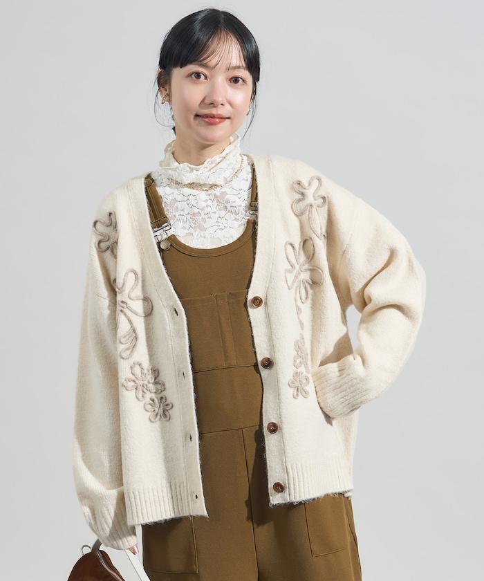 拼色 線繡花卉圖案針織開衫