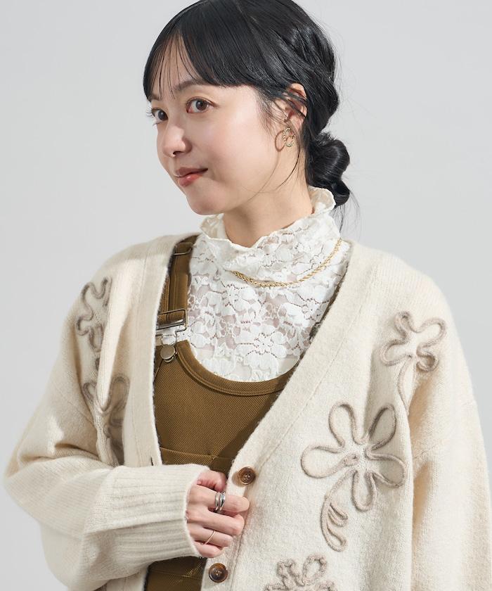 拼色 線繡花卉圖案針織開衫