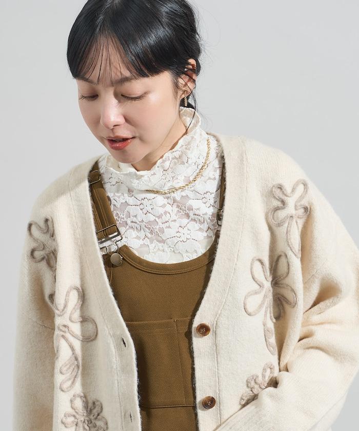 拼色 線繡花卉圖案針織開衫