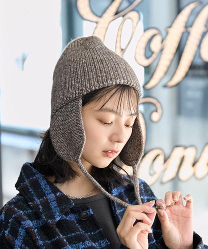 混紡紗線帶耳朵針織帽