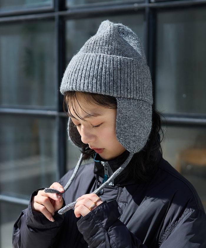 混紡紗線帶耳朵針織帽