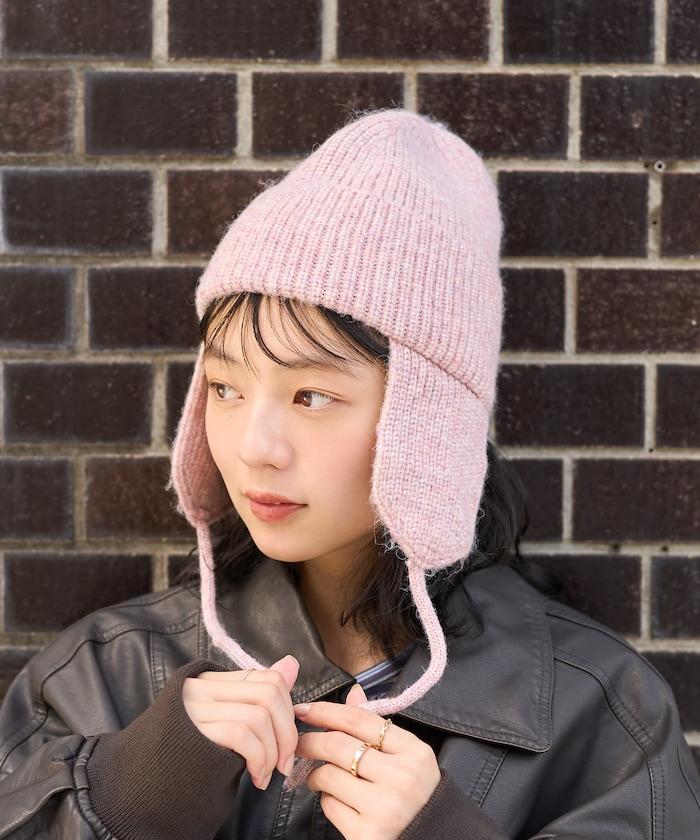 混紡紗線帶耳朵針織帽
