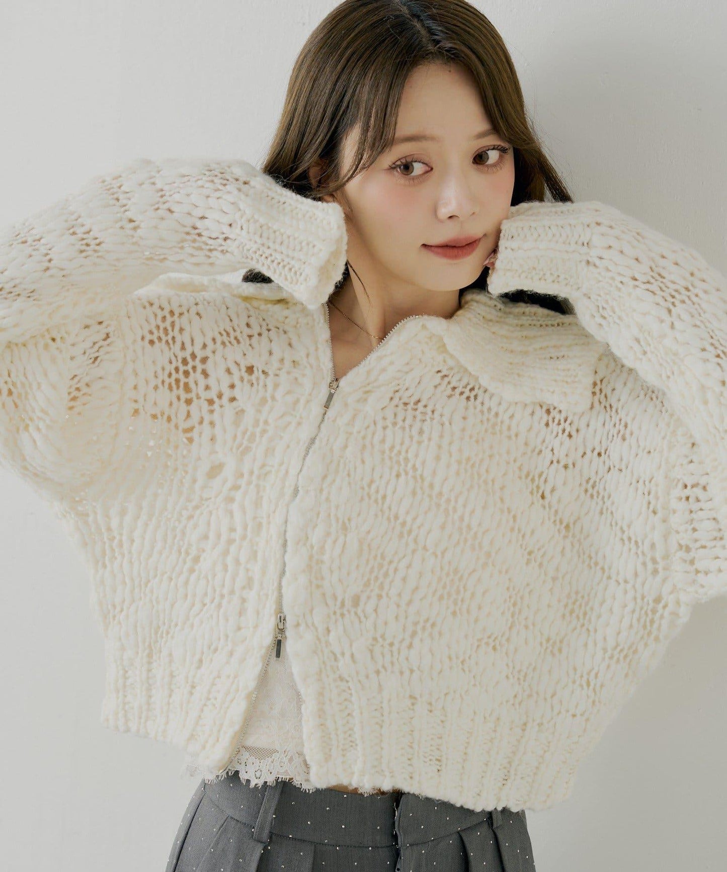 粗針不對稱拉鍊寬鬆針織上衣