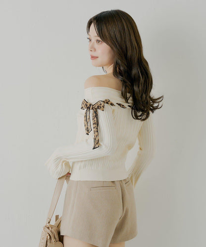 肩帶蝴蝶結單肩羅紋針織衫