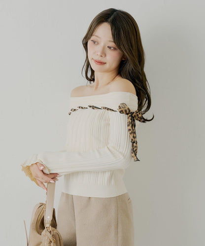 肩帶蝴蝶結單肩羅紋針織衫