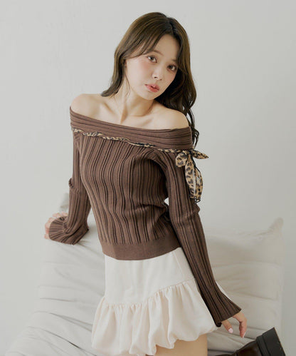 肩帶蝴蝶結單肩羅紋針織衫