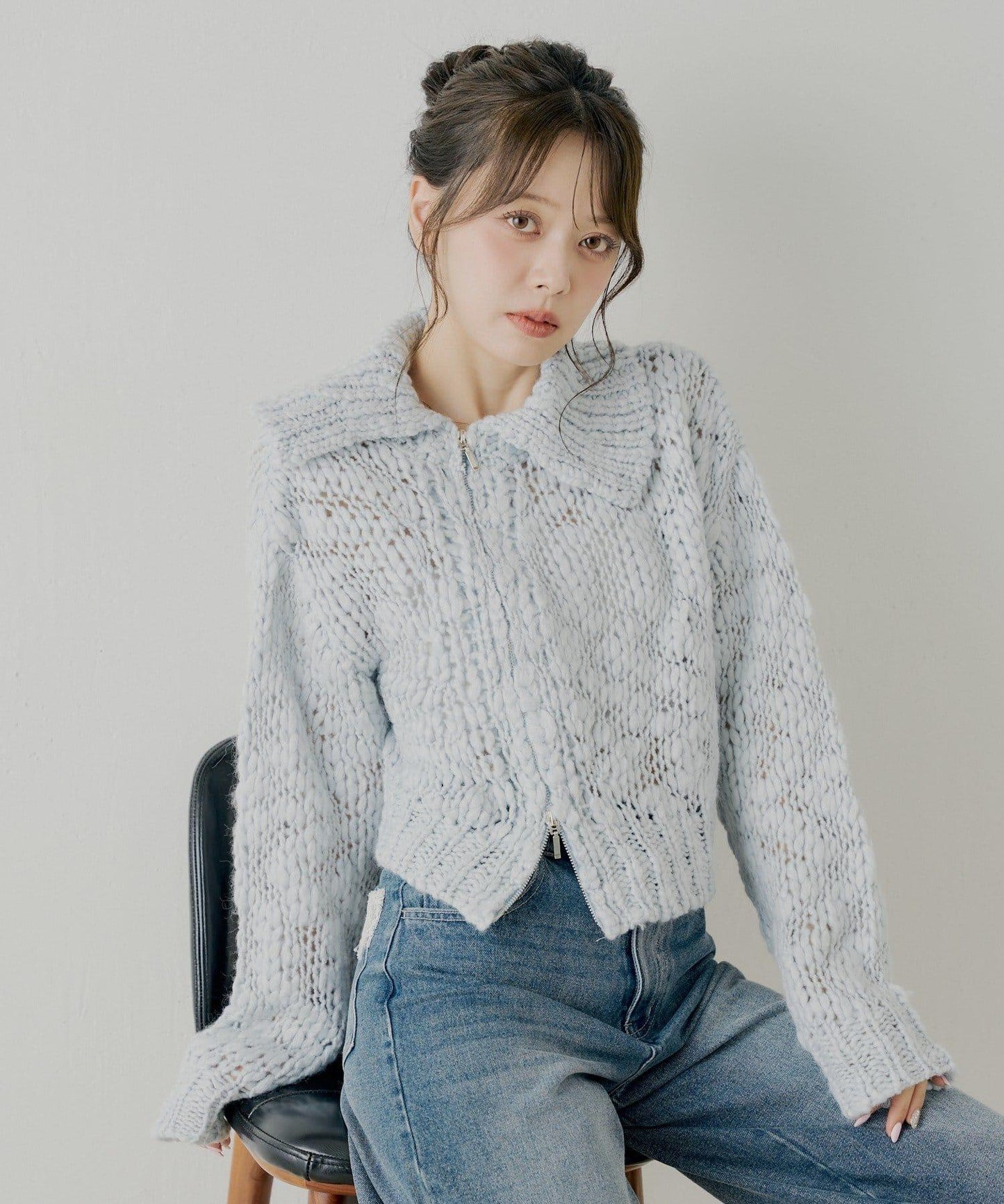 粗針不對稱拉鍊寬鬆針織上衣