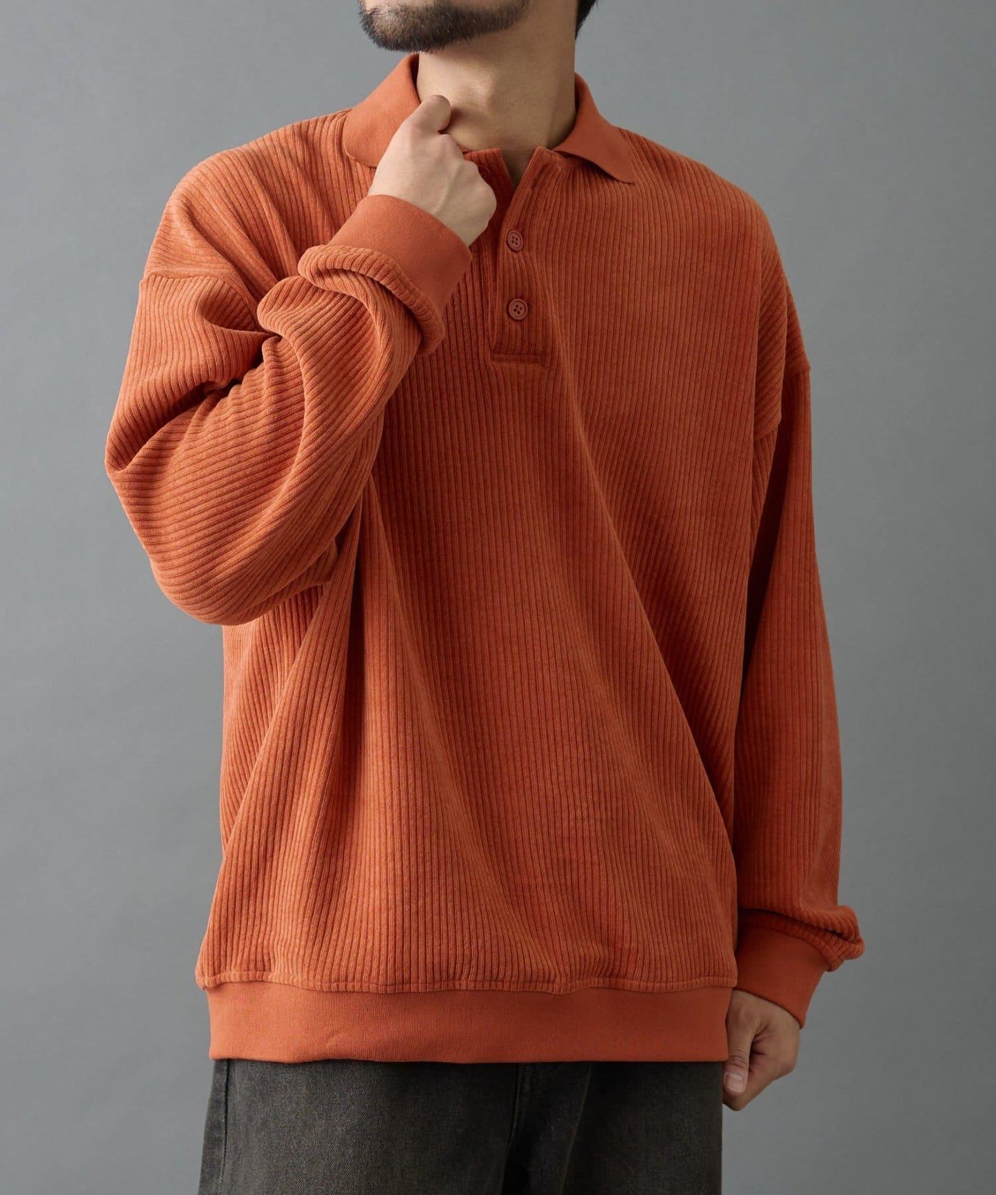 燈芯絨剪裁長袖POLO衫