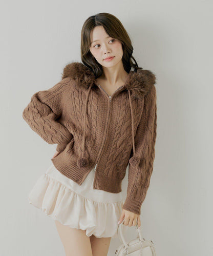 毛球裝飾毛絨連帽麻花針織開衫KT