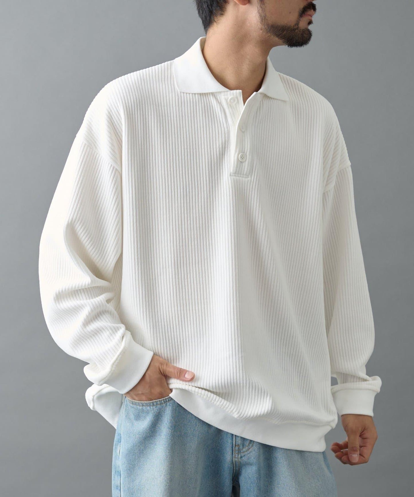 燈芯絨剪裁長袖POLO衫