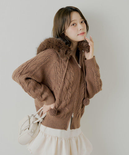 毛球裝飾毛絨連帽麻花針織開衫KT