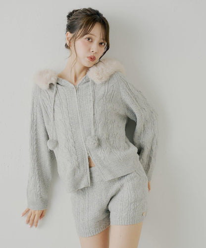 毛球裝飾毛絨連帽麻花針織開衫KT