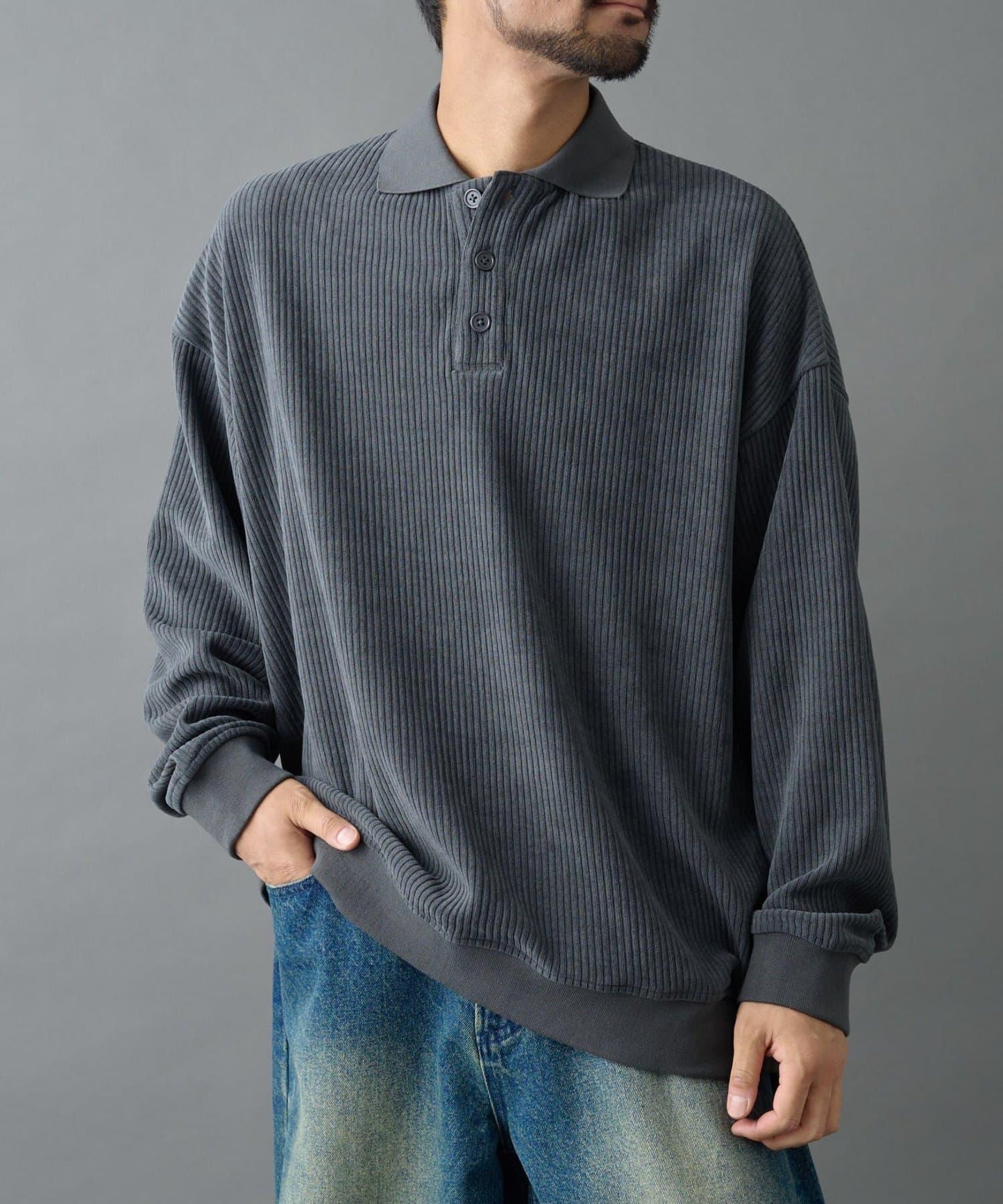 燈芯絨剪裁長袖POLO衫