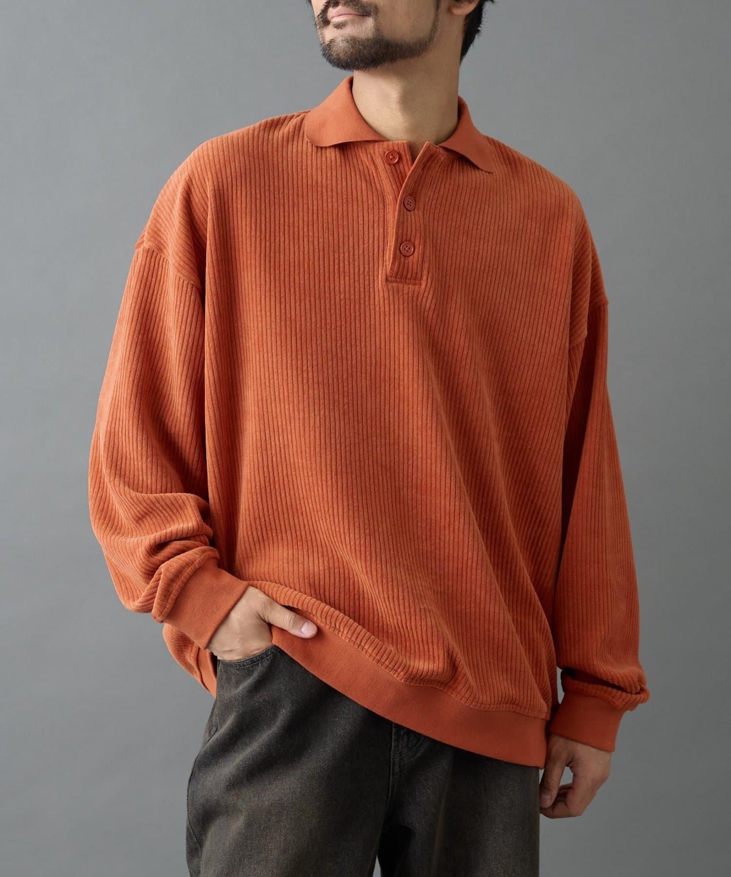 燈芯絨剪裁長袖POLO衫