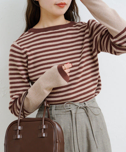 B條紋指洞針織上衣