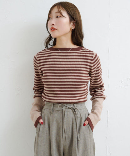 B條紋指洞針織上衣