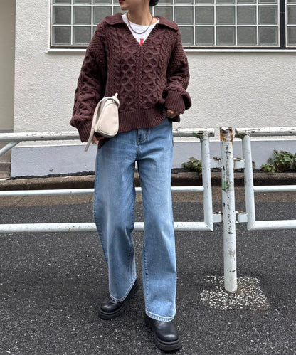 翻領針織麻花毛衣