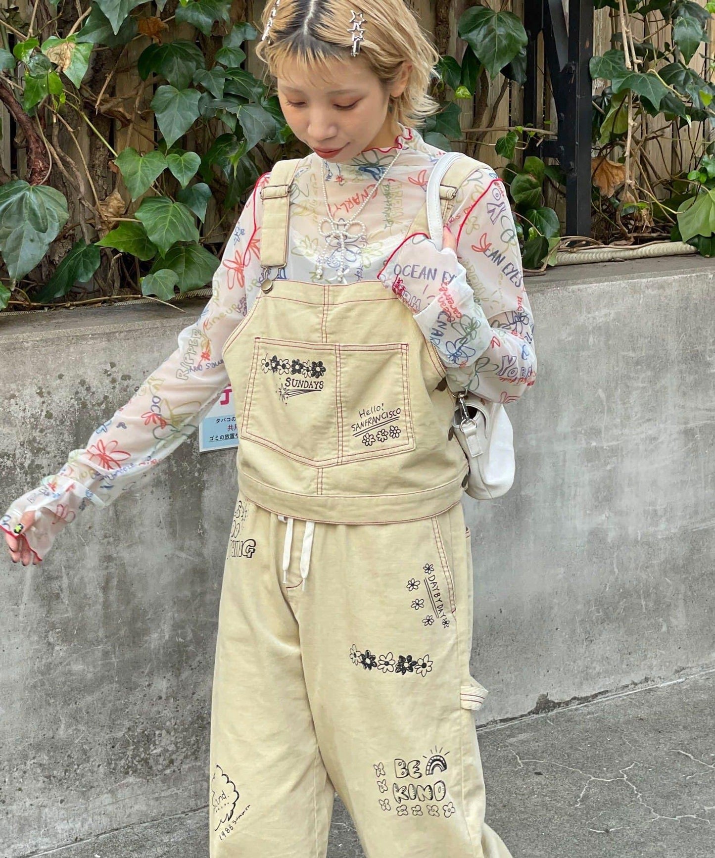 【HELLO.SANFRANCISCO/ハローサンフランシスコ】多穿法塗鴉燈芯絨拼色縫線揹帶褲