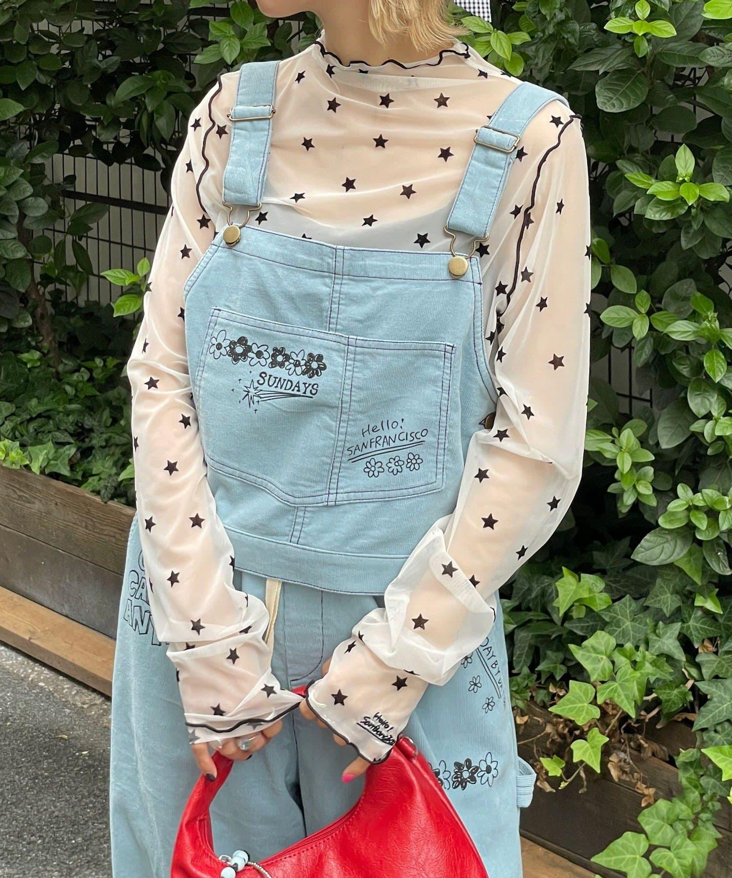 【HELLO.SANFRANCISCO/ハローサンフランシスコ】多穿法塗鴉燈芯絨拼色縫線揹帶褲