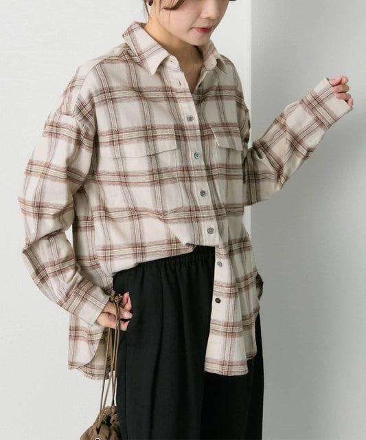 雙口袋磨毛格子襯衫