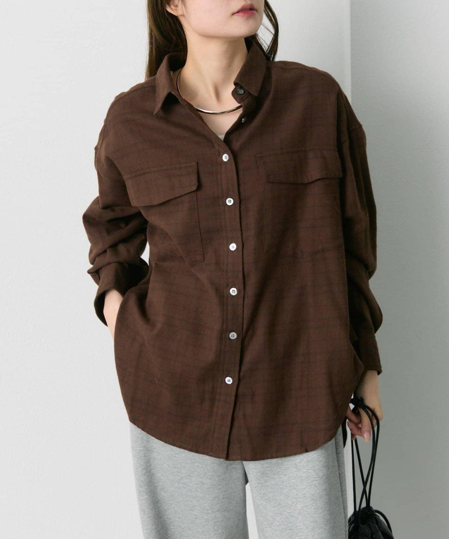 雙口袋磨毛格子襯衫