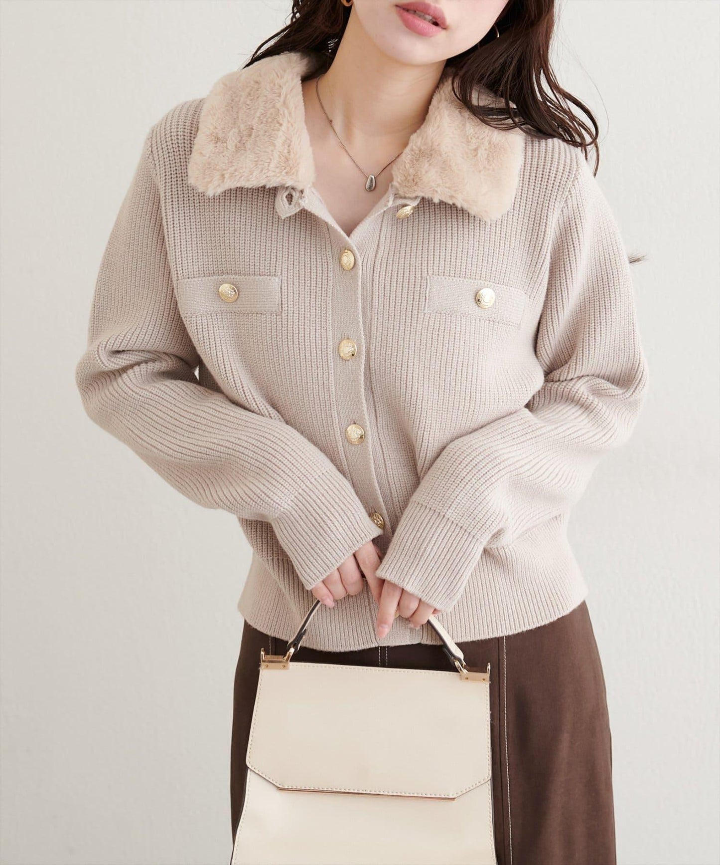 帶毛領單面羅紋針織開衫