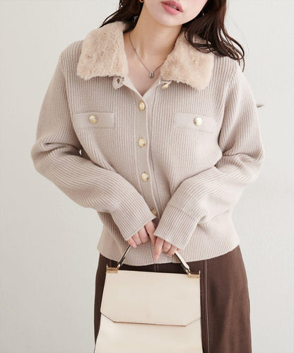 帶毛領單面羅紋針織開衫