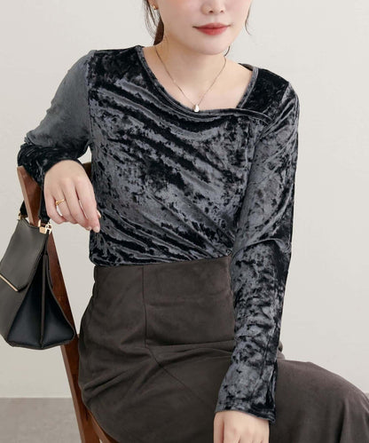 【natural couture】壓褶天鵝絨不對稱領套頭衫