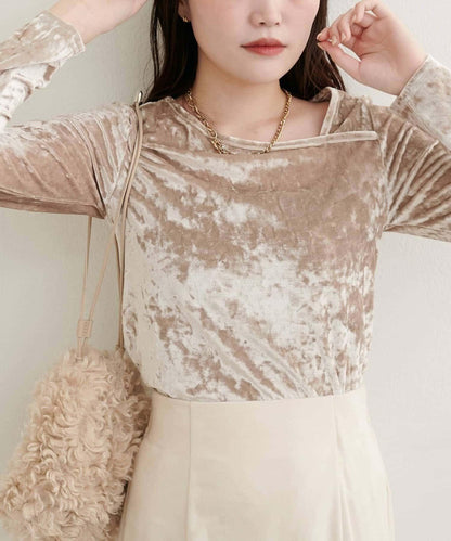 【natural couture】壓褶天鵝絨不對稱領套頭衫