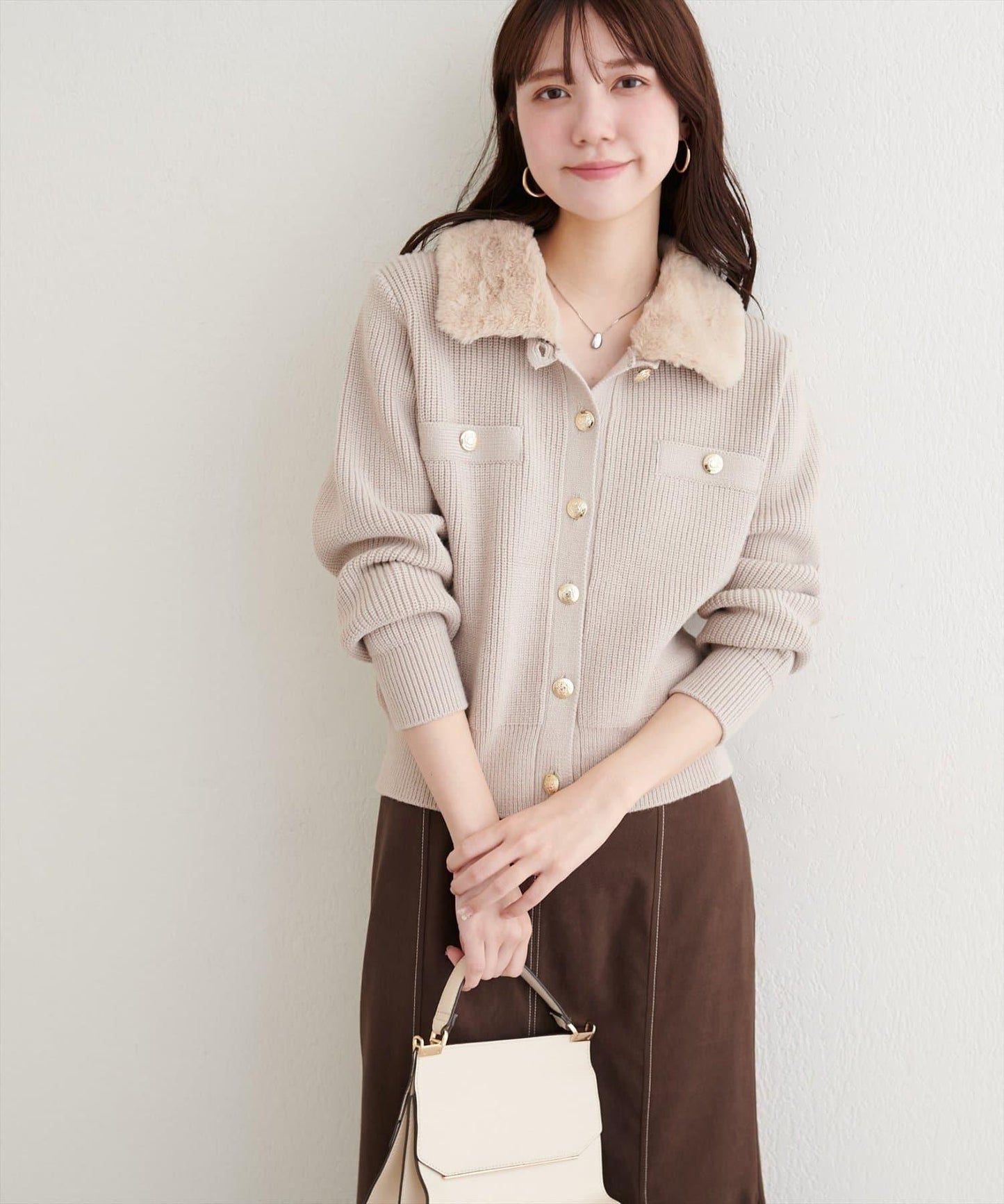 帶毛領單面羅紋針織開衫