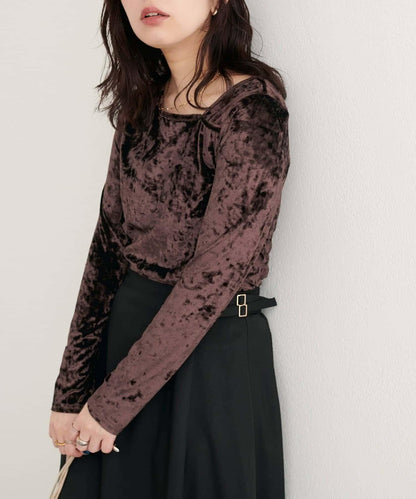 【natural couture】壓褶天鵝絨不對稱領套頭衫