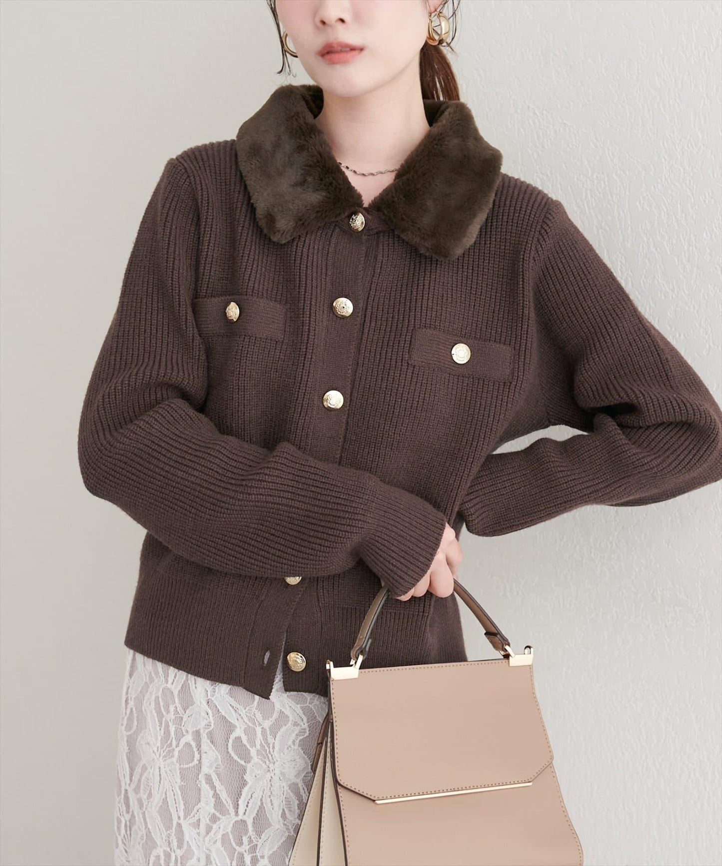 帶毛領單面羅紋針織開衫