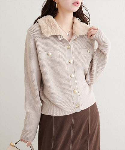 帶毛領單面羅紋針織開衫