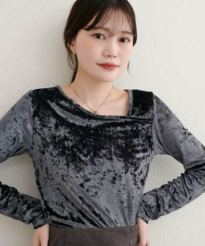 【natural couture】壓褶天鵝絨不對稱領套頭衫