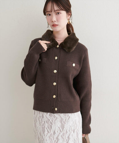 帶毛領單面羅紋針織開衫