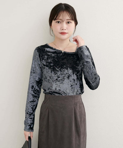 【natural couture】壓褶天鵝絨不對稱領套頭衫