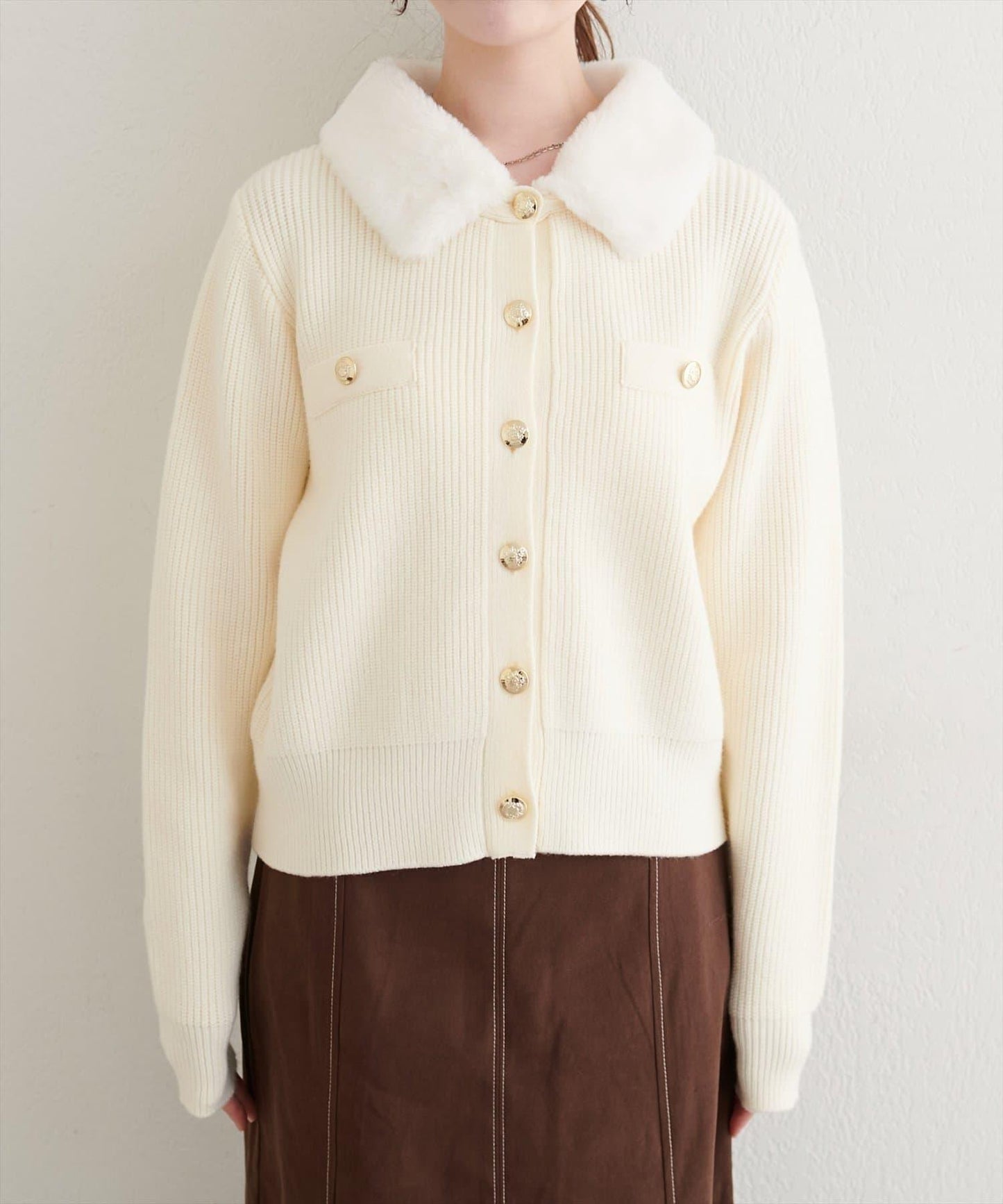 帶毛領單面羅紋針織開衫