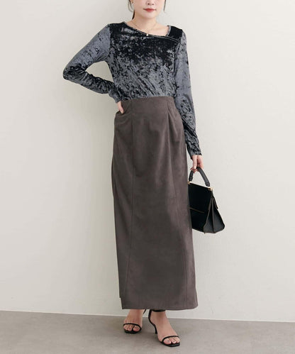 【natural couture】壓褶天鵝絨不對稱領套頭衫