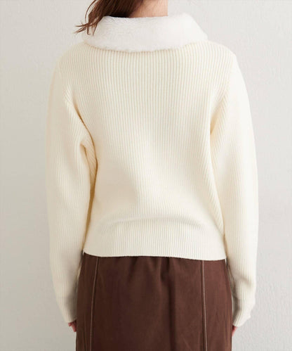 帶毛領單面羅紋針織開衫