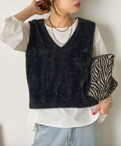 羽毛馬甲套裝襯衫