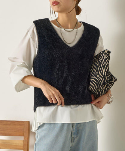 羽毛馬甲套裝襯衫