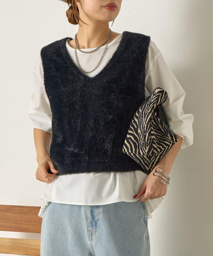 羽毛馬甲套裝襯衫